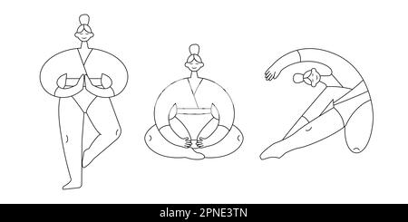 Temps de yoga. Pose de yoga. Femmes exercice sportif, Fitness, entraînement dans différentes poses, étirement. Illustration vectorielle Illustration de Vecteur
