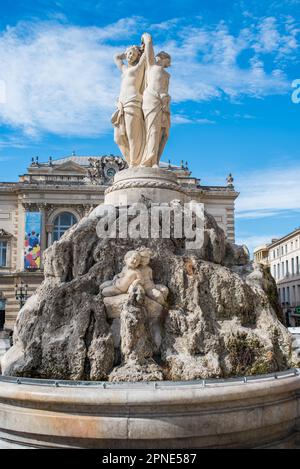 Fontaine des trois grâces sur la place de la Comédie, Montpellier, France. Banque D'Images