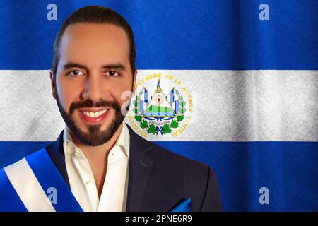 Nayib Bukele et drapeau d'El Salvador Banque D'Images