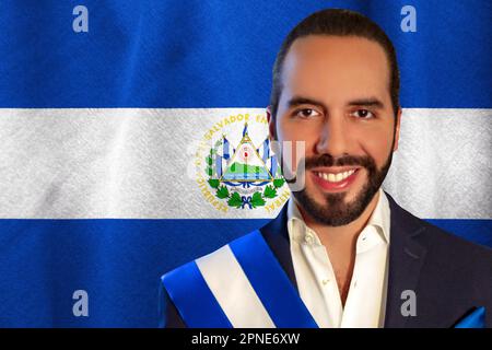 Nayib Bukele et drapeau d'El Salvador Banque D'Images
