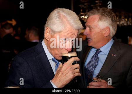 Former US president Bill Clinton enjoys a pint of Guinness in the Tap House pub after speaking at the John and Pat Hume Foundation's 'Making Hope and History Rhyme' event, Guild Hall, Londonderry, Northern Ireland, Tuesday April 18, 2023. Political leaders past and present have been marking the 25th anniversary of the Good Friday Agreement during the three-day international conference. (AP Photo/Peter Morrison)