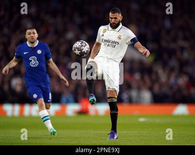 Karim Benzema du Real Madrid en action lors du deuxième match de quart de finale de la Ligue des champions de l'UEFA à Stamford Bridge, Londres. Date de la photo: Mardi 18 avril 2023. Banque D'Images