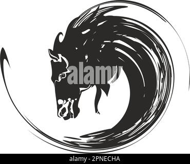 Tourbillon de chevaux noir et blanc pour les emblèmes de sport ou les imprimés sur les tee-shirts. Symbole de cheval décoratif pour tatouages, concepts d'affaires, papier peint, logos, tissus Banque D'Images