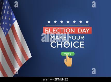 Élections vote fond réaliste avec bouton de vote cliquable texte modifiable et drapeau américain sur fond bleu illustration vectorielle Illustration de Vecteur