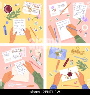 Quatre lettres romantiques poster plat icône jeu platines avec enveloppes stylos textes et mains illustration vectorielle Illustration de Vecteur