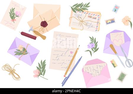Lettres romantiques post composition plate avec ciseaux joint de cire fleurs enveloppe ensemble illustration vectorielle Illustration de Vecteur
