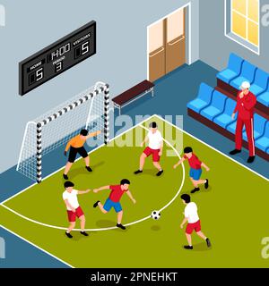 Équipe de football de l'école pendant le match dans la salle de gym 3D illustration vectorielle isométrique Illustration de Vecteur