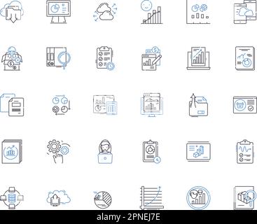 Collection de faits et d'icônes de ligne d'équipement. Statistiques, gadgets, preuves, Outils, analyses, Machines, vecteur d'information et illustration linéaire Illustration de Vecteur