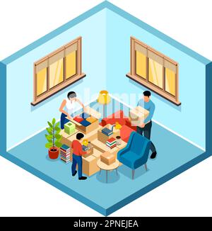 Concept isométrique de déplacement de famille avec les gens emballant les choses dans des boîtes en carton 3D illustration vectorielle isolée Illustration de Vecteur