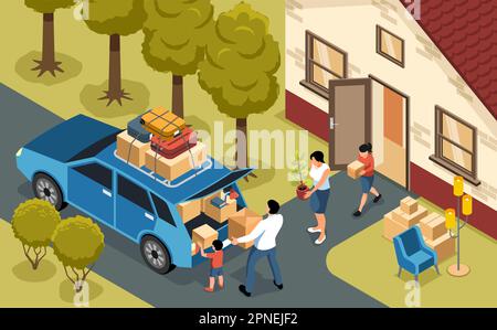 Famille déménagent dans de nouvelles boîtes de chargement de maison et de meubles en voiture 3D illustration vectorielle isométrique Illustration de Vecteur