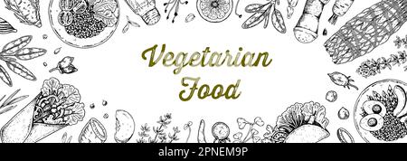 Cuisine végétarienne. Illustration vectorielle dessinée à la main dans un style d'esquisse. Design du menu du restaurant Illustration de Vecteur