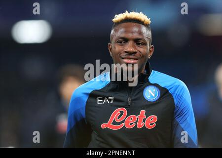 Naples, Italie. 18th avril 2023. Victor Osimhen, de Naples, sourit lors de la Ligue des champions de l'UEFA, en quarts de finale, match de football à 2nd jambes entre la SSC Napoli et l'AC Milan sur 18 avril 2023 au stade Diego Armando Maradona à Naples, Italie - photo Federico Proietti/DPPI crédit: DPPI Media/Alay Live News Banque D'Images