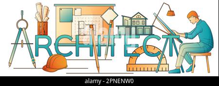 Composition à plat de texte d'architecte avec divers outils pour travailler sur le projet architectural et l'illustration vectorielle de caractère mâle Illustration de Vecteur