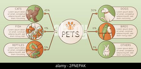 Infographie horizontale à plat pour animaux avec des informations sur les chats chiens reptiles oiseaux poissons et autres animaux illustration vectorielle Illustration de Vecteur