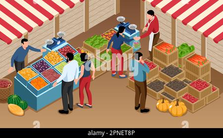 Marché local agricole extérieur fragment isométrique avec comptoirs et boîtes avec illustrations vectorielles de fruits et légumes frais Illustration de Vecteur