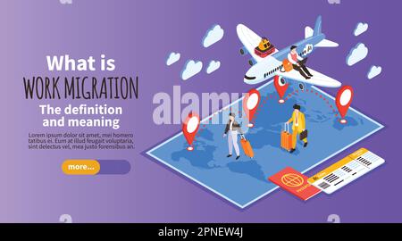 Bannière horizontale des travailleurs migrants avec définition et symboles de signification illustration vectorielle isométrique Illustration de Vecteur