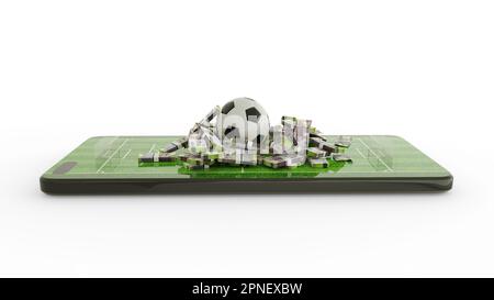 3D rendu des Paris de football de téléphone mobile. Football et Botswanan Pula notes sur l'écran du téléphone. Terrain de football sur l'écran du smartphone isolé sur la bande blanche Banque D'Images