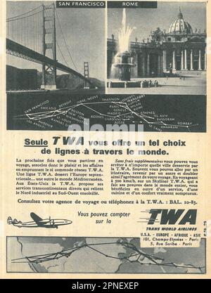 Annonce imprimée française de TWA TRANS World Airlines, 1951 Banque D'Images
