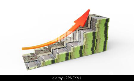 Signe de croissance financière fait de piles de Botswanan Pula notes. 3D restitution de l'argent du Botswanan arrangé sous forme d'un graphique à barres isolé sur la bande blanche Banque D'Images