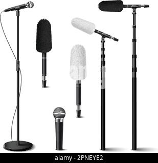 Microphones icônes réalistes avec dispositifs audio classiques en métal isolés sur fond blanc illustration vectorielle Illustration de Vecteur