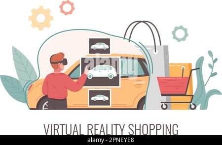 Concept de dessin animé de réalité virtuelle avec casque MAN in vr en choisissant l'illustration vecteur de voiture Illustration de Vecteur
