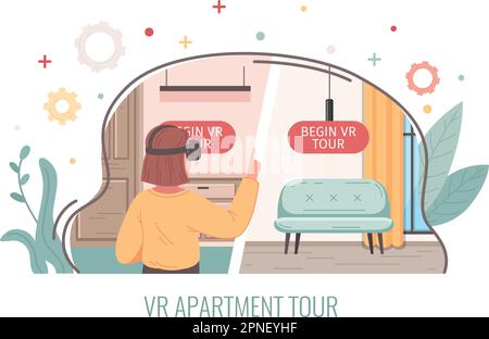 Concept de dessin animé de réalité virtuelle avec illustration vr de vecteur de tour d'appartement Illustration de Vecteur