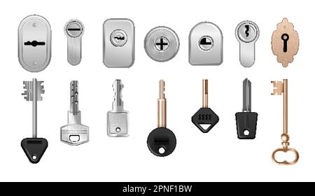 Touches réalistes trous de serrure de porte ensemble d'icônes de serrures avec clés pour différents types de portes illustration vectorielle Illustration de Vecteur
