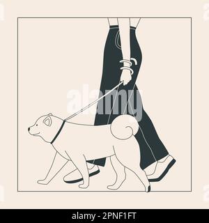 Jeune femme avec un chien sur une laisse. Mignon Akita Inu pour une promenade. Spectacle de chiens ou promenade en ville ou dans le parc. Graphiques vectoriels à contour plat. Illustration de Vecteur