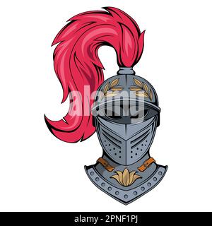 Chevalier. Illustration vectorielle d'une tête de guerrier spartien. Armure de casque. Chevalier guerrier médiéval en casque d'armure avec visière et plumage. Illustration de Vecteur