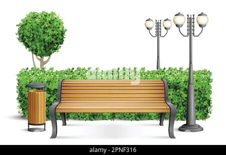 Banc en bois réaliste de composition de banc de parc stands près de la clôture des pièces dans l'illustration vectorielle de la zone de parc Illustration de Vecteur