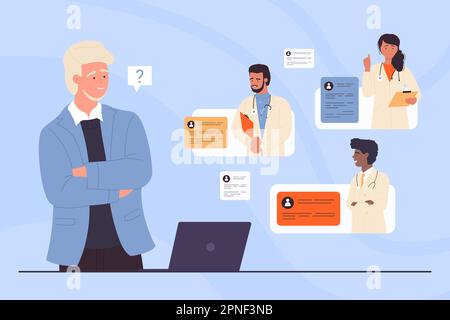 Recherche de médecins, choix de spécialistes médicaux pour les soins de santé par illustration vectorielle de patient. Caricature homme client choisir le meilleur médecin et de la décision de traitement dans le rendez-vous en ligne à l'hôpital Illustration de Vecteur