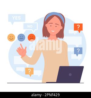 La femme choisit oui ou non réponse à la question par clic, illustration du vecteur de choix de rétroaction. Personnage de dessin animé féminin pensant à la bonne ou mauvaise décision, processus de choix entre différents emoji Illustration de Vecteur