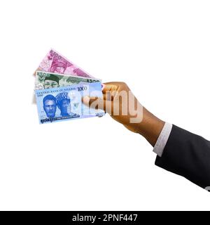 Main noire avec costume tenant New Nigerian Naira notes isolées sur fond blanc, 3D rendu Banque D'Images