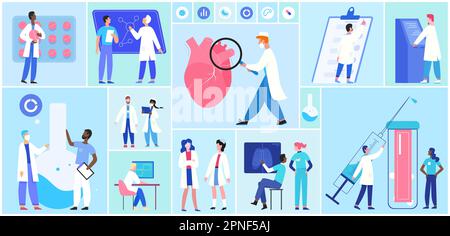 Caricature professionnels médecins et infirmières en uniforme travail en clinique, recherche patients diagnostic en laboratoire de collage géométrique de fond. L'équipe de l'hôpital, le personnel médical a défini l'illustration vectorielle Illustration de Vecteur