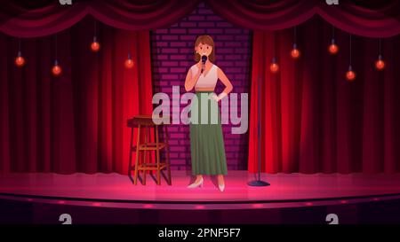 Caricature jeune femme avec microphone exécutant drôle de discours de stand-up. Spectacle de comédie, spectacle en direct avec comédien de talent qui parle sur scène avec des rideaux rouges et des illustrations vectorielles de lumières Illustration de Vecteur