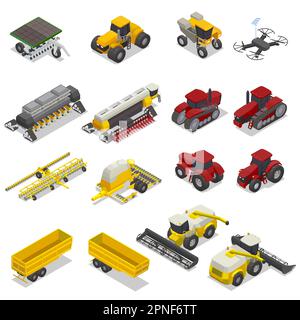 Jeu avec icônes isométriques de machines agricoles modernes isolées avec moissonneuses-batteuses, tracteurs lourds et bulldozers de charrue illustration vectorielle Illustration de Vecteur