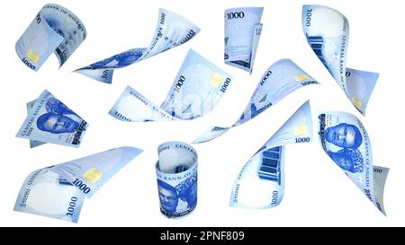 3D rendu de nouvelles notes nigérienne de naira 1000 volantes sous différents angles et orientations isolées sur fond blanc Banque D'Images