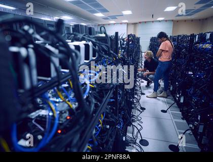 Les techniciens travaillant dans la salle des serveurs Banque D'Images