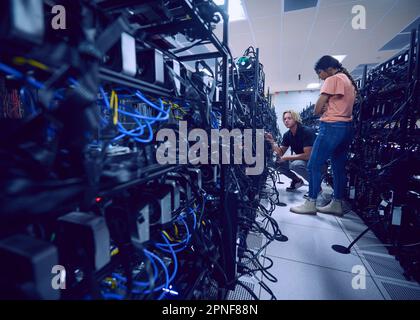 Les techniciens travaillant dans la salle des serveurs Banque D'Images