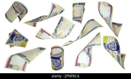 3D rendu de 500 notes nigérienne de naira volant dans différents angles et orientations isolés sur fond blanc Banque D'Images