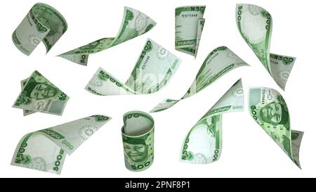 3D rendu de 500 notes nigérienne de naira volant dans différents angles et orientations isolés sur fond blanc Banque D'Images