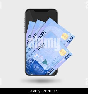 3D Illustration des notes de naira nigérian derrière le téléphone portable Banque D'Images