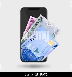 3D Illustration des notes de naira nigérian derrière le téléphone portable Banque D'Images