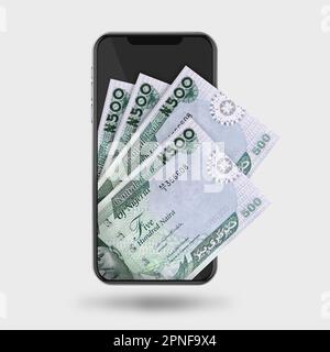 3D Illustration des notes de naira nigérian derrière le téléphone portable Banque D'Images