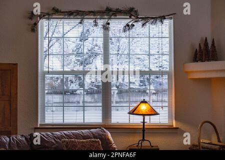 Vue depuis le salon jusqu'à l'extérieur enneigé Banque D'Images