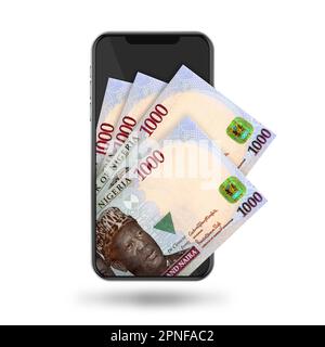 3D Illustration des notes de naira nigérian derrière le téléphone portable Banque D'Images