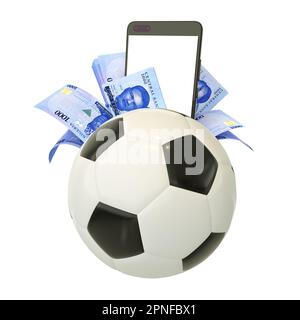 3D rendu de notes nigérianes de Naira et téléphone derrière le ballon de football. Paris sportifs, concept de Paris de football isolé sur fond blanc. maquette Banque D'Images