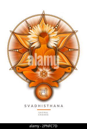 Méditation du chakra sacré dans la posture du Lotus de yoga, devant le symbole du chakra svadhisthana. Banque D'Images