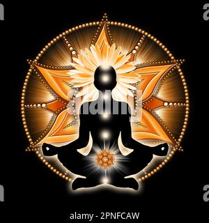 Méditation du chakra sacré dans la posture du Lotus de yoga, devant le symbole du chakra svadhisthana. Banque D'Images