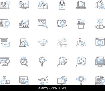 Collection d'icônes de ligne d'évaluation. Analyse, évaluation, évaluation, audit, analyse comparative, Critique, vecteur de diagnostic et illustration linéaire. Estimation Illustration de Vecteur